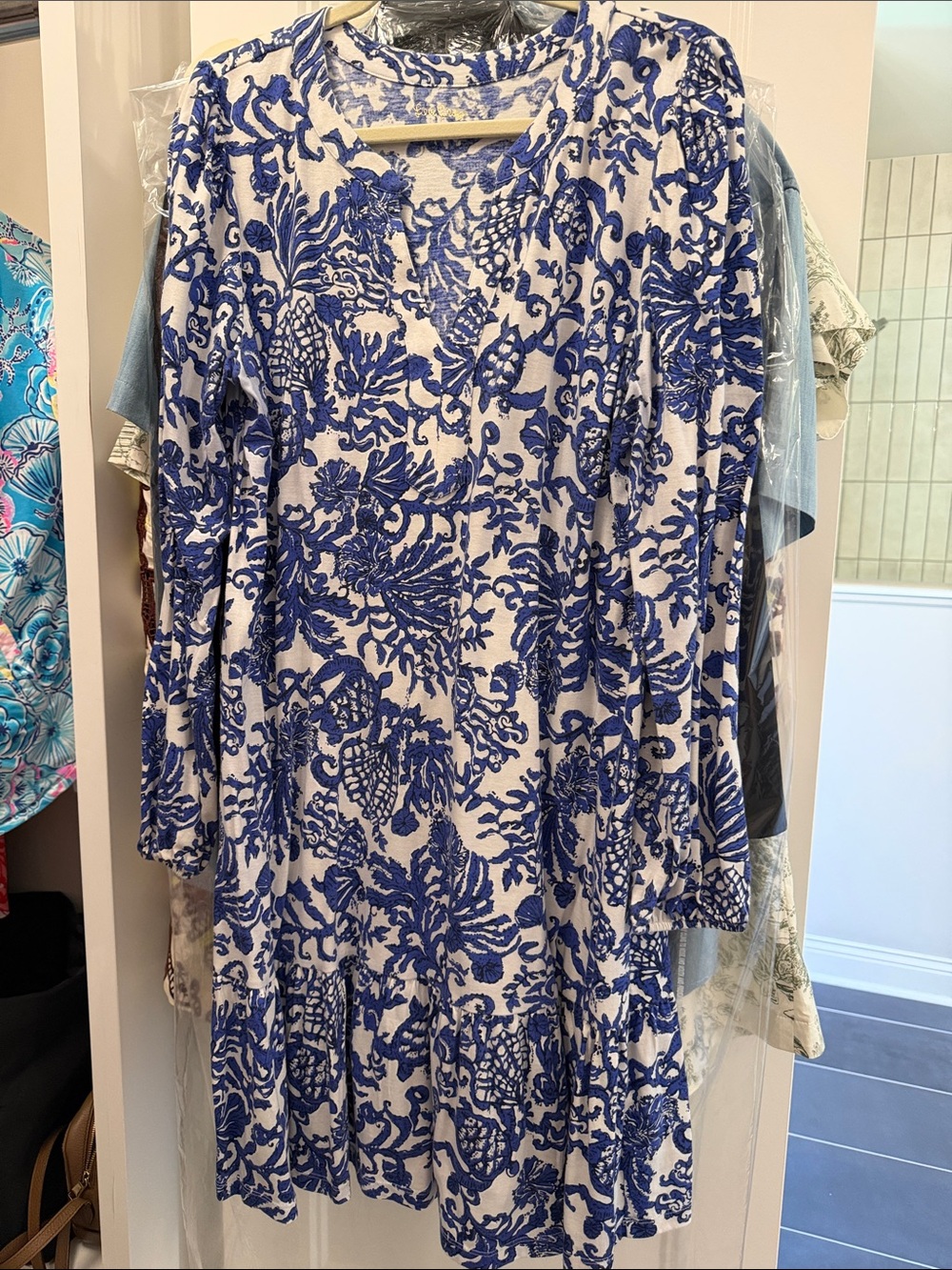 Blue & White Floral Long-Sleeve Women’s Dress